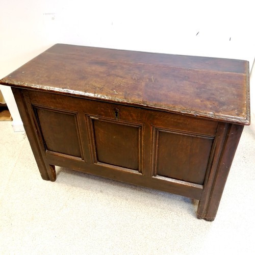 591 - Antique (Late 17th / early 18th century) oak 3 panelled front coffer on original high stiles legs wi... 