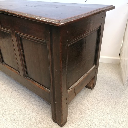 591 - Antique (Late 17th / early 18th century) oak 3 panelled front coffer on original high stiles legs wi... 