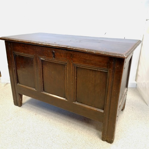 591 - Antique (Late 17th / early 18th century) oak 3 panelled front coffer on original high stiles legs wi... 