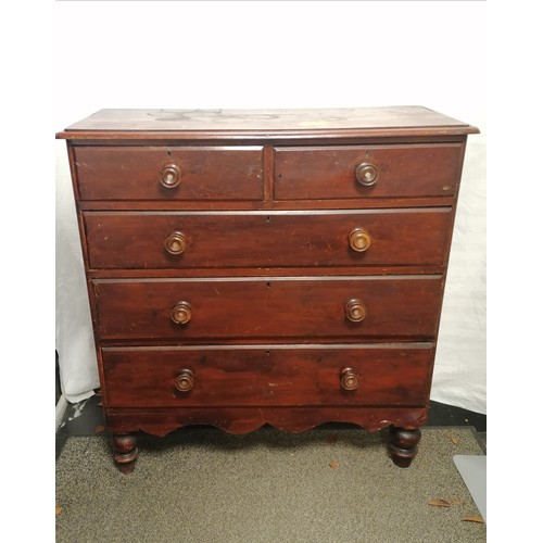 598 - Antique 2 over 3 stained pine chest of drawers with fishbelly skirt - 44