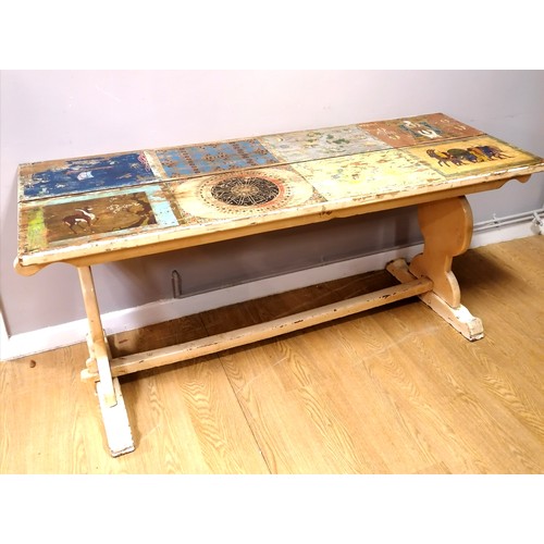 606 - Antique tavern table with central stretcher & hand painted decoration to the top depicting panels of... 