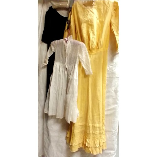 649 - Vintage ladies yellow cotton long dress, cotton childs white dress & ladies short sleeved blue dress