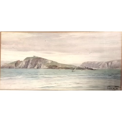 659 - 1906 framed watercolour of a seascape, view of Burgh Island, south Devon, by Frank Hewett (c.1854-19... 