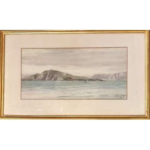 659 - 1906 framed watercolour of a seascape, view of Burgh Island, south Devon, by Frank Hewett (c.1854-19... 