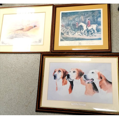 671 - Pheasant taking flight print t/w 2 other prints of foxhounds & hunt scene - largest 29