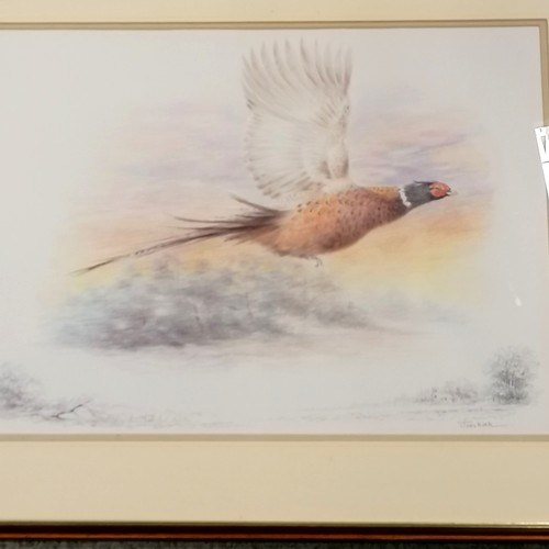 671 - Pheasant taking flight print t/w 2 other prints of foxhounds & hunt scene - largest 29