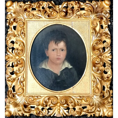 674 - Antique florentine gilt framed portrait of a boy on canvas - some damage to the frame - 22