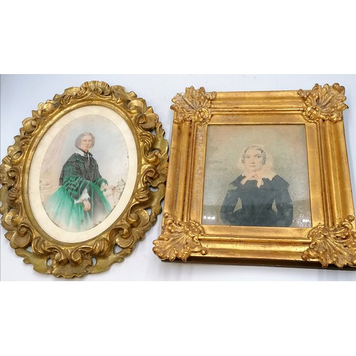 679 - 2 gilt framed watercolour portraits of women, oval framed portrait dated 1884, 12