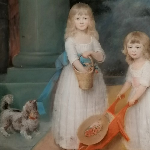 680 - 1790 pastel of 2 highborn girls with a dog & a wheelbarrow by the miniaturist Charles Hayter (1761-1... 