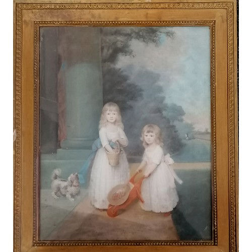 680 - 1790 pastel of 2 highborn girls with a dog & a wheelbarrow by the miniaturist Charles Hayter (1761-1... 