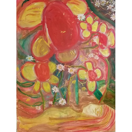 688 - Large contemporary oil on canvas of large red flowers and a female figure  - 40