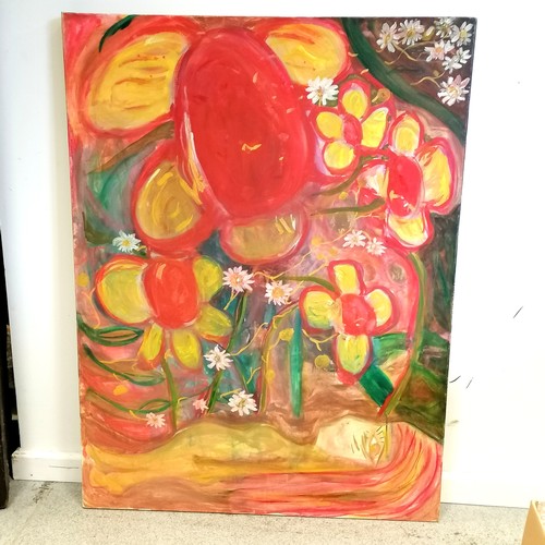 688 - Large contemporary oil on canvas of large red flowers and a female figure  - 40