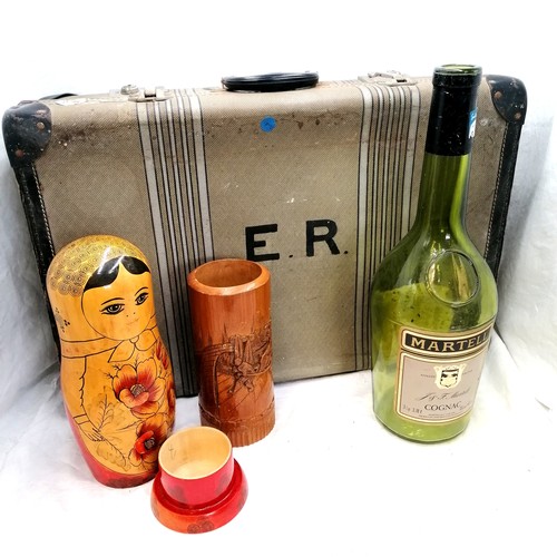 698 - Vintage suitcase t/w novelty babushka / matryoshka bottle holder, bamboo vase & Martell cognac bottl... 