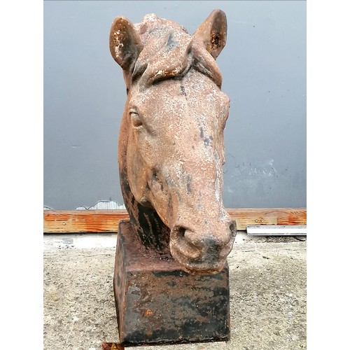 776 - Pair of cast iron horse heads on square bases. 65 cm high nose to back of head 65cm. in good conditi... 