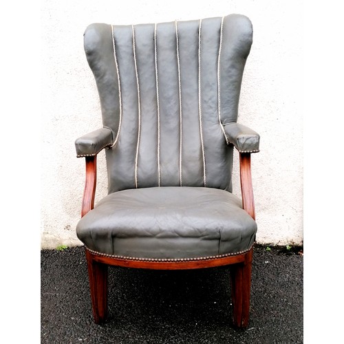 607 - Antique grey leather porters chair - not original upholstery, in good condition