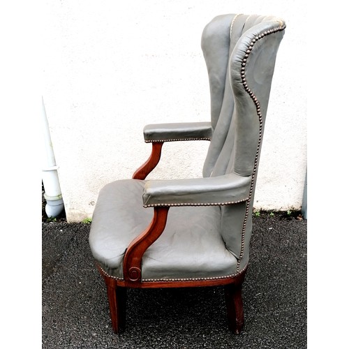 607 - Antique grey leather porters chair - not original upholstery, in good condition