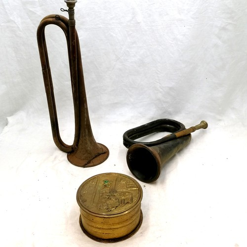 104 - 2 Trumpets (one not photographed), bugle and brass round box