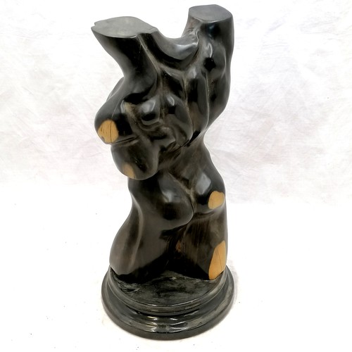 129 - Carved hard wood sculpture of a male torso on a black glass base - 15