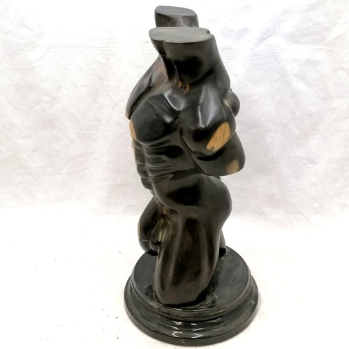 129 - Carved hard wood sculpture of a male torso on a black glass base - 15