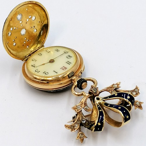 232 - 18ct gold cased enamelled and diamond set fob watch with pin brooch suspender- minor losses to ename... 