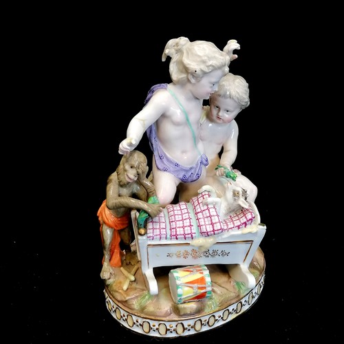 422 - 1878 Meissen group- Children playing with a goat kid in a cot and a drummer monkey H.89 after Johann... 