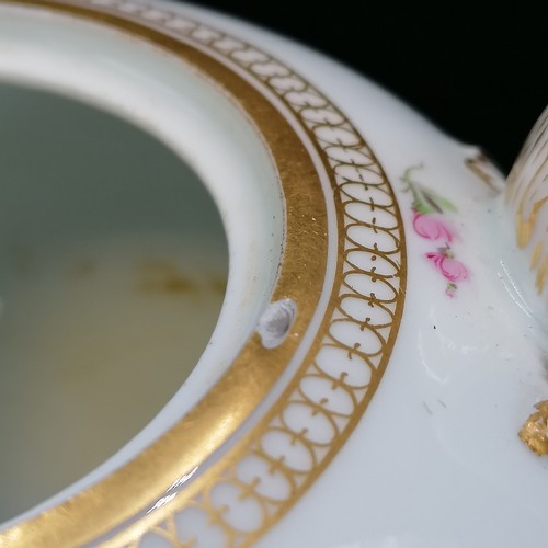 424 - Antique Meissen marked hand decorated teapot with flower & bug decoration - small chip & rub to spou... 