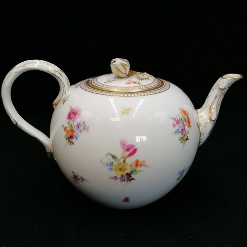 424 - Antique Meissen marked hand decorated teapot with flower & bug decoration - small chip & rub to spou... 