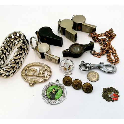 463 - Whistles, badges, silver plated heavy bracelet etc