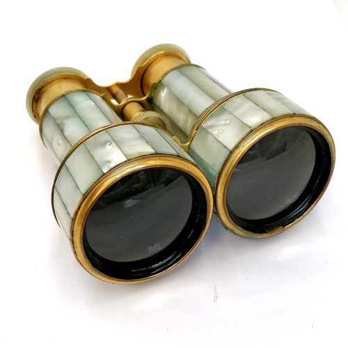 475 - Large scale unusual pair of mother of pearl decorated binoculars with gilt brass body - height exten... 