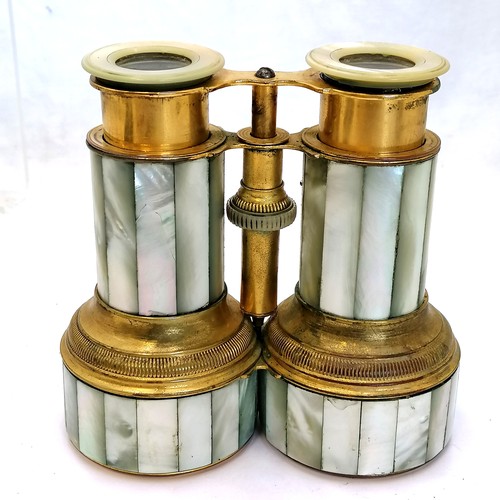 475 - Large scale unusual pair of mother of pearl decorated binoculars with gilt brass body - height exten... 