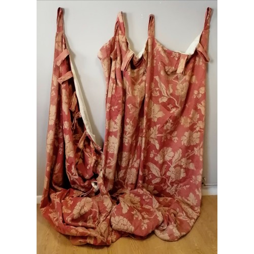 531 - Terracotta pink + gold pair of lined curtains with tab tops - drop 11' x width 6½'