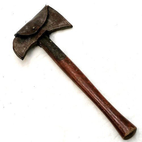 552 - Firemans axe with leather pouch with makers marks