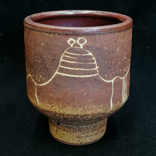 563 - Studio pottery stoneware vase with white enamel line decoration depicting Dorset hills with trees - ... 