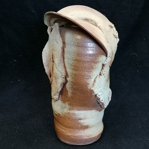 564 - Studio pottery vase with applied 'clayed' fabric pieces by C Huc - 8½