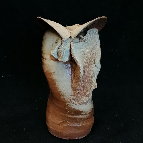 564 - Studio pottery vase with applied 'clayed' fabric pieces by C Huc - 8½