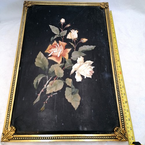 574 - Large antique gilt metal mounted pietra dura wall plaque depicting roses (has crack running at top &... 