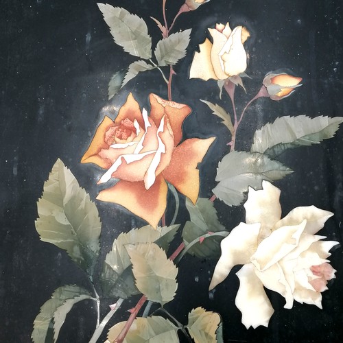 574 - Large antique gilt metal mounted pietra dura wall plaque depicting roses (has crack running at top &... 