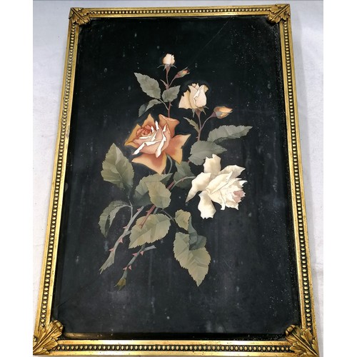 574 - Large antique gilt metal mounted pietra dura wall plaque depicting roses (has crack running at top &... 