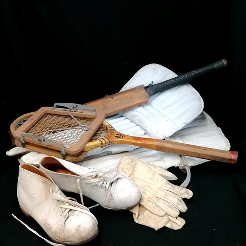 631 - c.1950's cricket pads, shoes, gloves and 'The Autograph' Harrow cricket bat t/w tennis racket a/f