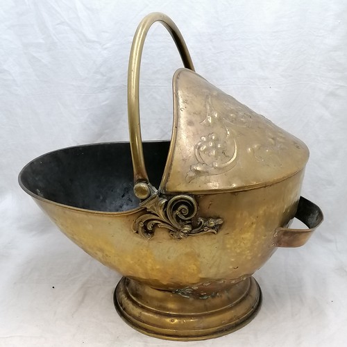 675 - Brass large coal scuttle with repousse work to top - patch to 1 side & old repairs to base