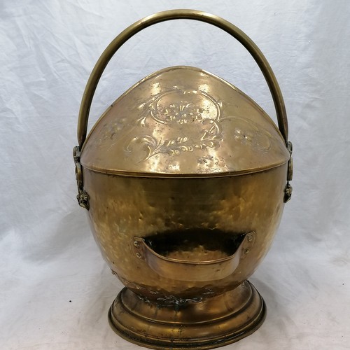 675 - Brass large coal scuttle with repousse work to top - patch to 1 side & old repairs to base