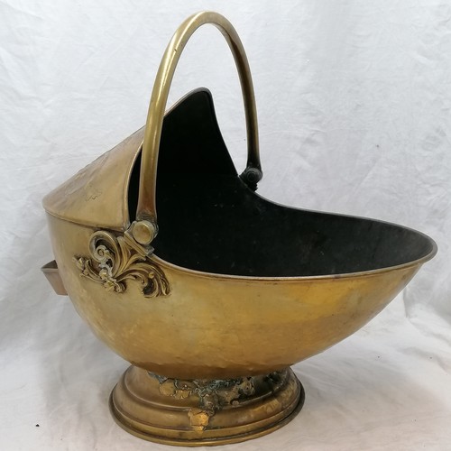 675 - Brass large coal scuttle with repousse work to top - patch to 1 side & old repairs to base