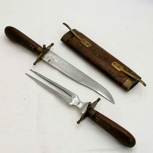 Antique Indian carving set in ornate hardwood & brass case length 18"