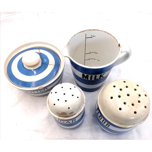 13 - Collection of T G Green blue and white Cornishware, named storage jars, milk jug a/f and butter dish... 