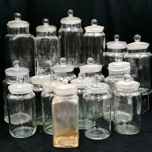 60 - 17 x Glass lidded storage / sweet jars (tallest 36cm) - some antique & mostly in good used condition