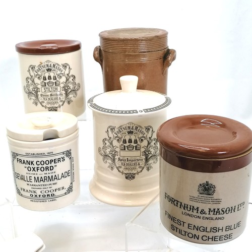 71 - Qty of marmalade & stilton jars, cumberland brandy butter jar t/w various oven dishes