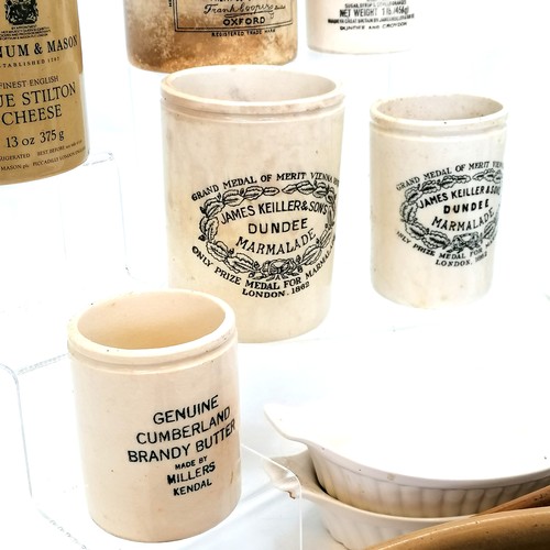 71 - Qty of marmalade & stilton jars, cumberland brandy butter jar t/w various oven dishes