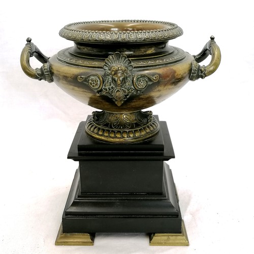 80 - Antique bronze urn on slate plinth (height 22cm) t/w antique bronze censor depicting winged figures ... 