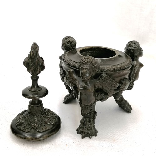 80 - Antique bronze urn on slate plinth (height 22cm) t/w antique bronze censor depicting winged figures ... 