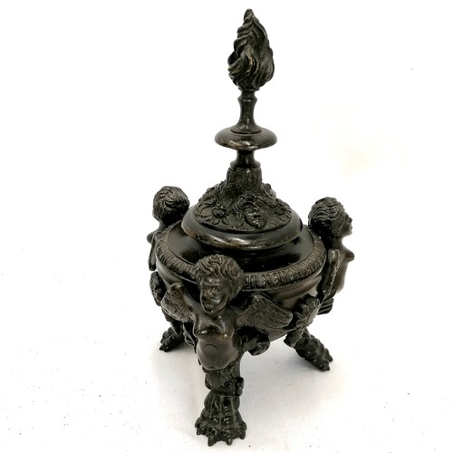 80 - Antique bronze urn on slate plinth (height 22cm) t/w antique bronze censor depicting winged figures ... 